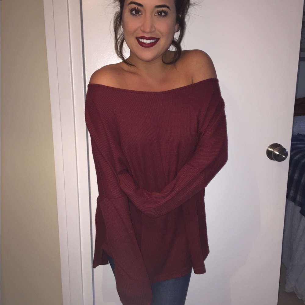 Burgundy High-Low Off Shoulder Long Sleeve Sweater